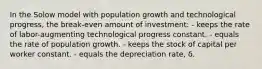 In the Solow model with population growth and technological progress, the break-even amount of investment: - keeps the rate of labor-augmenting technological progress constant. - equals the rate of population growth. - keeps the stock of capital per worker constant. - equals the depreciation rate, δ.