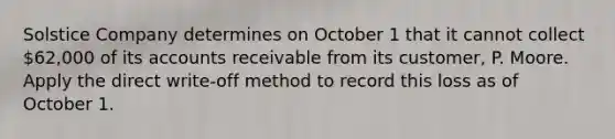 Solstice Company determines on October 1 that it cannot collect 62,000 of its accounts receivable from its customer, P. Moore. Apply the direct write-off method to record this loss as of October 1.