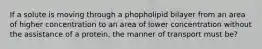 If a solute is moving through a phopholipid bilayer from an area of higher concentration to an area of lower concentration without the assistance of a protein, the manner of transport must be?