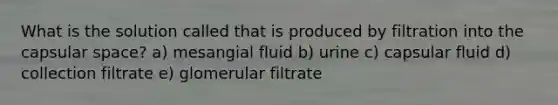 What is the solution called that is produced by filtration into the capsular space? a) mesangial fluid b) urine c) capsular fluid d) collection filtrate e) glomerular filtrate