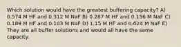 Which solution would have the greatest buffering capacity? A) 0.574 M HF and 0.312 M NaF B) 0.287 M HF and 0.156 M NaF C) 0.189 M HF and 0.103 M NaF D) 1.15 M HF and 0.624 M NaF E) They are all buffer solutions and would all have the same capacity.