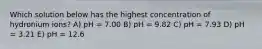 Which solution below has the highest concentration of hydronium ions? A) pH = 7.00 B) pH = 9.82 C) pH = 7.93 D) pH = 3.21 E) pH = 12.6