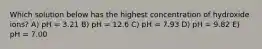 Which solution below has the highest concentration of hydroxide ions? A) pH = 3.21 B) pH = 12.6 C) pH = 7.93 D) pH = 9.82 E) pH = 7.00