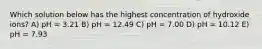 Which solution below has the highest concentration of hydroxide ions? A) pH = 3.21 B) pH = 12.49 C) pH = 7.00 D) pH = 10.12 E) pH = 7.93