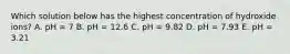 Which solution below has the highest concentration of hydroxide ions? A. pH = 7 B. pH = 12.6 C. pH = 9.82 D. pH = 7.93 E. pH = 3.21