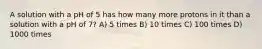 A solution with a pH of 5 has how many more protons in it than a solution with a pH of 7? A) 5 times B) 10 times C) 100 times D) 1000 times