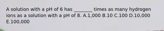 A solution with a pH of 6 has ________ times as many hydrogen ions as a solution with a pH of 8. A.1,000 B.10 C.100 D.10,000 E.100,000