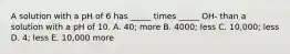 A solution with a pH of 6 has _____ times _____ OH- than a solution with a pH of 10. A. 40; more B. 4000; less C. 10,000; less D. 4; less E. 10,000 more