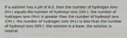 If a solution has a pH of 6.0, then the number of hydrogen ions (H+) equals the number of hydroxyl ions (OH-). the number of hydrogen ions (H+) is greater than the number of hydroxyl ions (OH-). the number of hydrogen ions (H+) is less than the number of hydroxyl ions (OH-). the solution is a base. the solution is neutral.