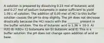 A solution is prepared by dissolving 0.23 mol of butanoic acid and 0.27 mol of sodium butanoate in water sufficient to yield 1.00 L of solution. The addition of 0.05 mol of HCl to this buffer solution causes the pH to drop slightly. The pH does not decrease drastically because the HCl reacts with the ________ present in the buffer solution. The Ka of butanoic acid is 1.36 × 10-3. A) H2O B) H3O+ C) butanoate ion D) butanoic acid E) This is a buffer solution: the pH does not change upon addition of acid or base.