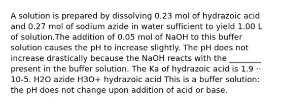 A solution is prepared by dissolving 0.23 mol of hydrazoic acid and 0.27 mol of sodium azide in water sufficient to yield 1.00 L of solution.The addition of 0.05 mol of NaOH to this buffer solution causes the pH to increase slightly. The pH does not increase drastically because the NaOH reacts with the ________ present in the buffer solution. The Ka of hydrazoic acid is 1.9 ⋅⋅ 10-5. H2O azide H3O+ hydrazoic acid This is a buffer solution: the pH does not change upon addition of acid or base.