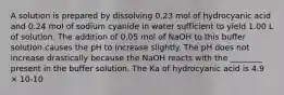 A solution is prepared by dissolving 0.23 mol of hydrocyanic acid and 0.24 mol of sodium cyanide in water sufficient to yield 1.00 L of solution. The addition of 0.05 mol of NaOH to this buffer solution causes the pH to increase slightly. The pH does not increase drastically because the NaOH reacts with the ________ present in the buffer solution. The Ka of hydrocyanic acid is 4.9 × 10-10