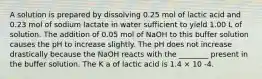 A solution is prepared by dissolving 0.25 mol of lactic acid and 0.23 mol of sodium lactate in water sufficient to yield 1.00 L of solution. The addition of 0.05 mol of NaOH to this buffer solution causes the pH to increase slightly. The pH does not increase drastically because the NaOH reacts with the ________ present in the buffer solution. The K a of lactic acid is 1.4 × 10 -4.