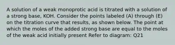 A solution of a weak monoprotic acid is titrated with a solution of a strong base, KOH. Consider the points labeled (A) through (E) on the titration curve that results, as shown below. The point at which the moles of the added strong base are equal to the moles of the weak acid initially present Refer to diagram: Q21