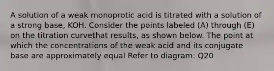 A solution of a weak monoprotic acid is titrated with a solution of a strong base, KOH. Consider the points labeled (A) through (E) on the titration curvethat results, as shown below. The point at which the concentrations of the weak acid and its conjugate base are approximately equal Refer to diagram: Q20