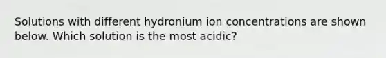 Solutions with different hydronium ion concentrations are shown below. Which solution is the most acidic?