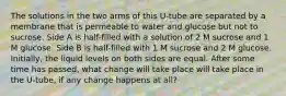 The solutions in the two arms of this U-tube are separated by a membrane that is permeable to water and glucose but not to sucrose. Side A is half-filled with a solution of 2 M sucrose and 1 M glucose. Side B is half-filled with 1 M sucrose and 2 M glucose. Initially, the liquid levels on both sides are equal. After some time has passed, what change will take place will take place in the U-tube, if any change happens at all?