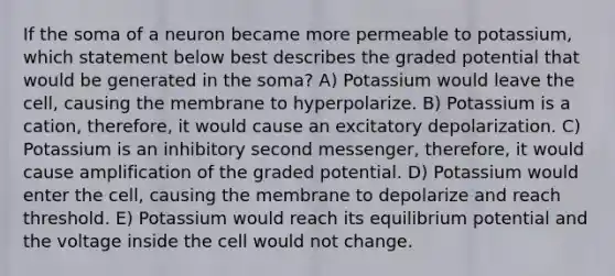 If the soma of a neuron became more permeable to potassium, which statement below best describes the graded potential that would be generated in the soma? A) Potassium would leave the cell, causing the membrane to hyperpolarize. B) Potassium is a cation, therefore, it would cause an excitatory depolarization. C) Potassium is an inhibitory second messenger, therefore, it would cause amplification of the graded potential. D) Potassium would enter the cell, causing the membrane to depolarize and reach threshold. E) Potassium would reach its equilibrium potential and the voltage inside the cell would not change.