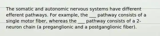 The somatic and autonomic nervous systems have different efferent pathways. For example, the ___ pathway consists of a single motor fiber, whereas the ___ pathway consists of a 2-neuron chain (a preganglionic and a postganglionic fiber).