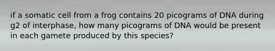 if a somatic cell from a frog contains 20 picograms of DNA during g2 of interphase, how many picograms of DNA would be present in each gamete produced by this species?