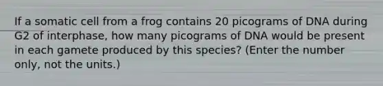 If a somatic cell from a frog contains 20 picograms of DNA during G2 of interphase, how many picograms of DNA would be present in each gamete produced by this species? (Enter the number only, not the units.)