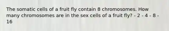 The somatic cells of a fruit fly contain 8 chromosomes. How many chromosomes are in the sex cells of a fruit fly? - 2 - 4 - 8 - 16