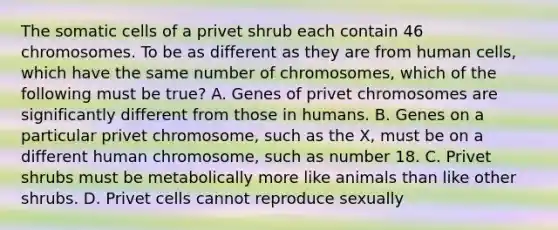 The somatic cells of a privet shrub each contain 46 chromosomes. To be as different as they are from human cells, which have the same number of chromosomes, which of the following must be true? A. Genes of privet chromosomes are significantly different from those in humans. B. Genes on a particular privet chromosome, such as the X, must be on a different human chromosome, such as number 18. C. Privet shrubs must be metabolically more like animals than like other shrubs. D. Privet cells cannot reproduce sexually