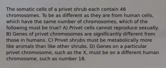 The somatic cells of a privet shrub each contain 46 chromosomes. To be as different as they are from human cells, which have the same number of chromosomes, which of the following must be true? A) Privet cells cannot reproduce sexually. B) Genes of privet chromosomes are significantly different from those in humans. C) Privet shrubs must be metabolically more like animals than like other shrubs. D) Genes on a particular privet chromosome, such as the X, must be on a different human chromosome, such as number 18.