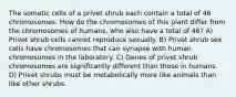 The somatic cells of a privet shrub each contain a total of 46 chromosomes. How do the chromosomes of this plant differ from the chromosomes of humans, who also have a total of 46? A) Privet shrub cells cannot reproduce sexually. B) Privet shrub sex cells have chromosomes that can synapse with human chromosomes in the laboratory. C) Genes of privet shrub chromosomes are significantly different than those in humans. D) Privet shrubs must be metabolically more like animals than like other shrubs.