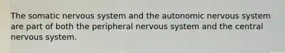 The somatic nervous system and the autonomic nervous system are part of both the peripheral nervous system and the central nervous system.