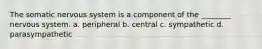 The somatic nervous system is a component of the ________ nervous system. a. peripheral b. central c. sympathetic d. parasympathetic