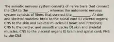 The somatic nervous system consists of nerve biers that connect the CNA to the ____________, whereas the autonomic nervous system consists of fibers that connect the ___________. A) skin and skeletal muscles; brain to the spinal cord B) visceral organs; CNS to the skin and skeletal muscles C) heart and intestines; CNS to the cardiac and smooth muscles D) skin and skeletal muscles; CNS to the visceral organs E) brain and spinal cord; PNS to the CNS