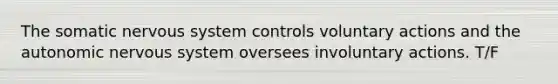 The somatic nervous system controls voluntary actions and the autonomic nervous system oversees involuntary actions. T/F
