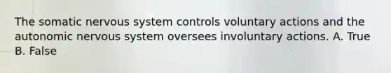 The somatic <a href='https://www.questionai.com/knowledge/kThdVqrsqy-nervous-system' class='anchor-knowledge'>nervous system</a> controls voluntary actions and <a href='https://www.questionai.com/knowledge/kMqcwgxBsH-the-autonomic-nervous-system' class='anchor-knowledge'>the autonomic nervous system</a> oversees involuntary actions. A. True B. False