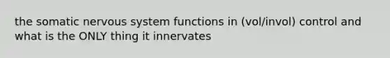 the somatic nervous system functions in (vol/invol) control and what is the ONLY thing it innervates