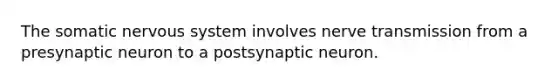 The somatic nervous system involves nerve transmission from a presynaptic neuron to a postsynaptic neuron.