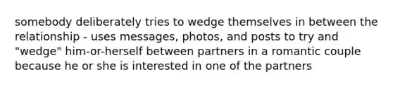 somebody deliberately tries to wedge themselves in between the relationship - uses messages, photos, and posts to try and "wedge" him-or-herself between partners in a romantic couple because he or she is interested in one of the partners