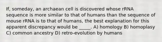 If, someday, an archaean cell is discovered whose rRNA sequence is more similar to that of humans than the sequence of mouse rRNA is to that of humans, the best explanation for this apparent discrepancy would be _____. A) homology B) homoplasy C) common ancestry D) retro-evolution by humans