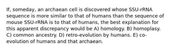 If, someday, an archaean cell is discovered whose SSU-rRNA sequence is more similar to that of humans than the sequence of mouse SSU-rRNA is to that of humans, the best explanation for this apparent discrepancy would be A) homology. B) homoplasy. C) common ancestry. D) retro-evolution by humans. E) co-evolution of humans and that archaean.