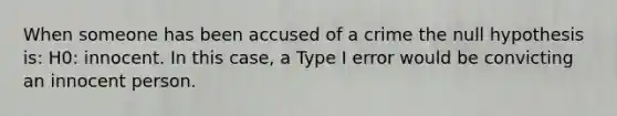 When someone has been accused of a crime the null hypothesis​ is: H0​: innocent. In this​ case, a Type I error would be convicting an innocent person.