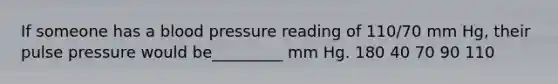 If someone has a blood pressure reading of 110/70 mm Hg, their pulse pressure would be_________ mm Hg. 180 40 70 90 110