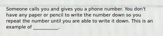 Someone calls you and gives you a phone number. You don't have any paper or pencil to write the number down so you repeat the number until you are able to write it down. This is an example of ___________.