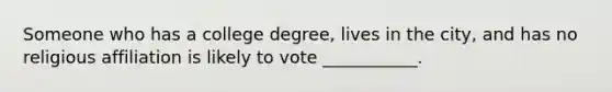 Someone who has a college degree, lives in the city, and has no religious affiliation is likely to vote ___________.