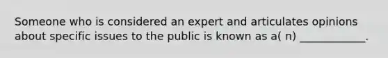 Someone who is considered an expert and articulates opinions about specific issues to the public is known as a( n) ____________.