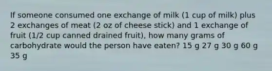 If someone consumed one exchange of milk (1 cup of milk) plus 2 exchanges of meat (2 oz of cheese stick) and 1 exchange of fruit (1/2 cup canned drained fruit), how many grams of carbohydrate would the person have eaten? 15 g 27 g 30 g 60 g 35 g