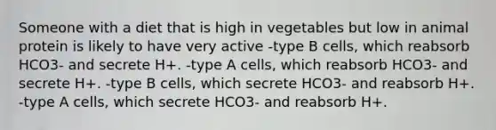 Someone with a diet that is high in vegetables but low in animal protein is likely to have very active -type B cells, which reabsorb HCO3- and secrete H+. -type A cells, which reabsorb HCO3- and secrete H+. -type B cells, which secrete HCO3- and reabsorb H+. -type A cells, which secrete HCO3- and reabsorb H+.