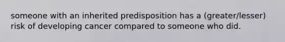 someone with an inherited predisposition has a (greater/lesser) risk of developing cancer compared to someone who did.