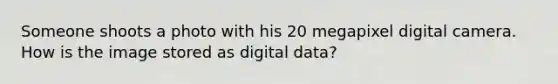 Someone shoots a photo with his 20 megapixel digital camera. How is the image stored as digital data?