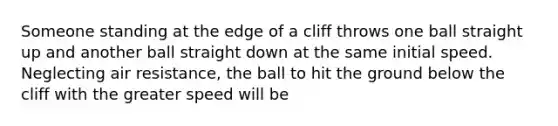 Someone standing at the edge of a cliff throws one ball straight up and another ball straight down at the same initial speed. Neglecting air resistance, the ball to hit the ground below the cliff with the greater speed will be