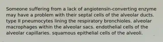 Someone suffering from a lack of angiotensin-converting enzyme may have a problem with their septal cells of the alveolar ducts. type II pneumocytes lining the respiratory bronchioles. alveolar macrophages within the alveolar sacs. endothelial cells of the alveolar capillaries. squamous epithelial cells of the alveoli.